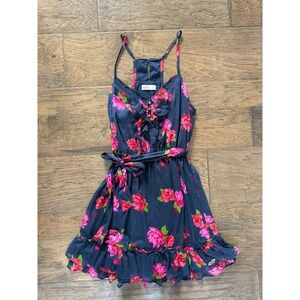 Hollister Floral Chiffon Mini Dress Navy Blue Pink Ruffle Racerback Womens Large